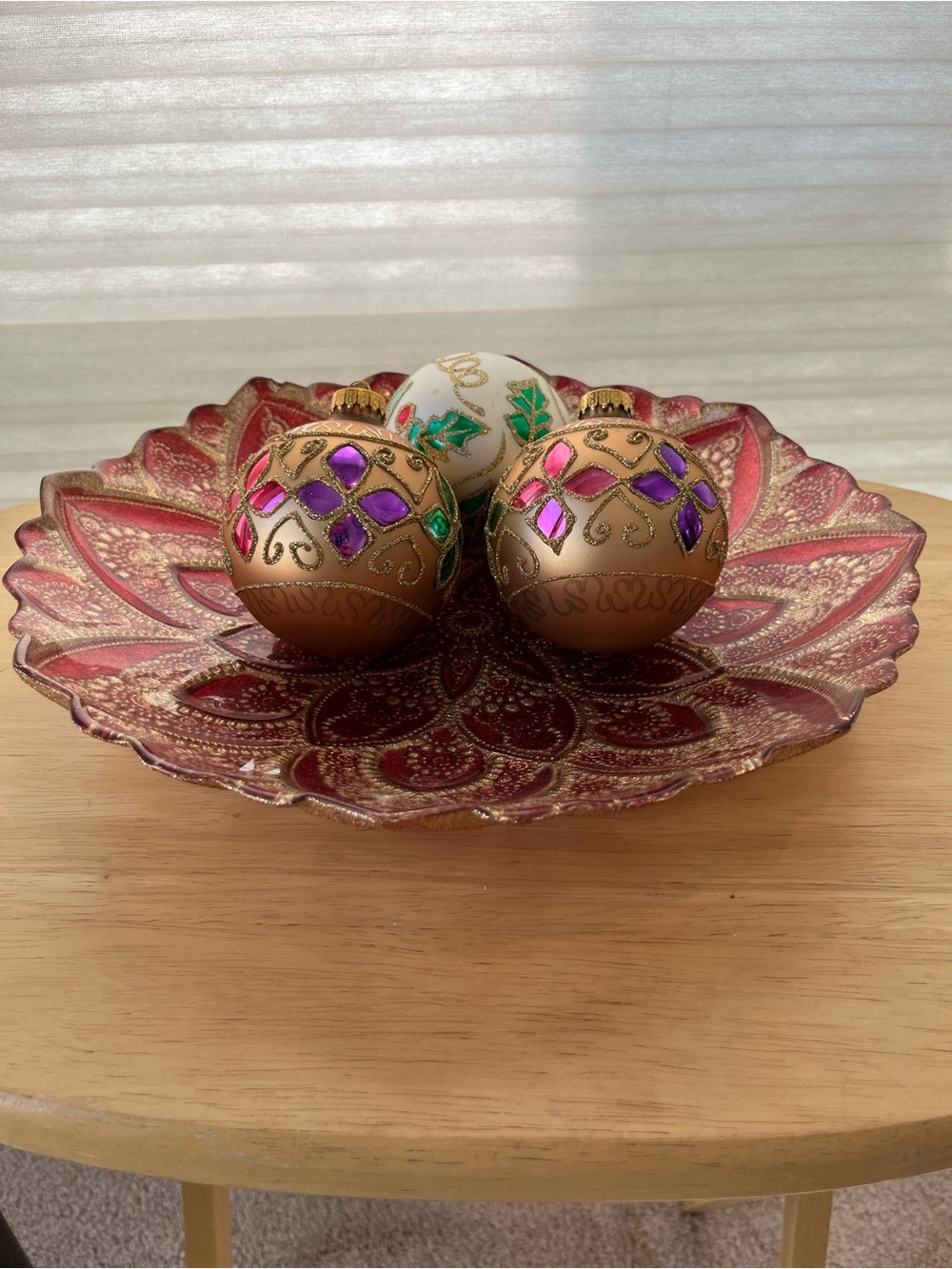 Decorative Red and Gold Glass Bowl with Embellished Ornaments